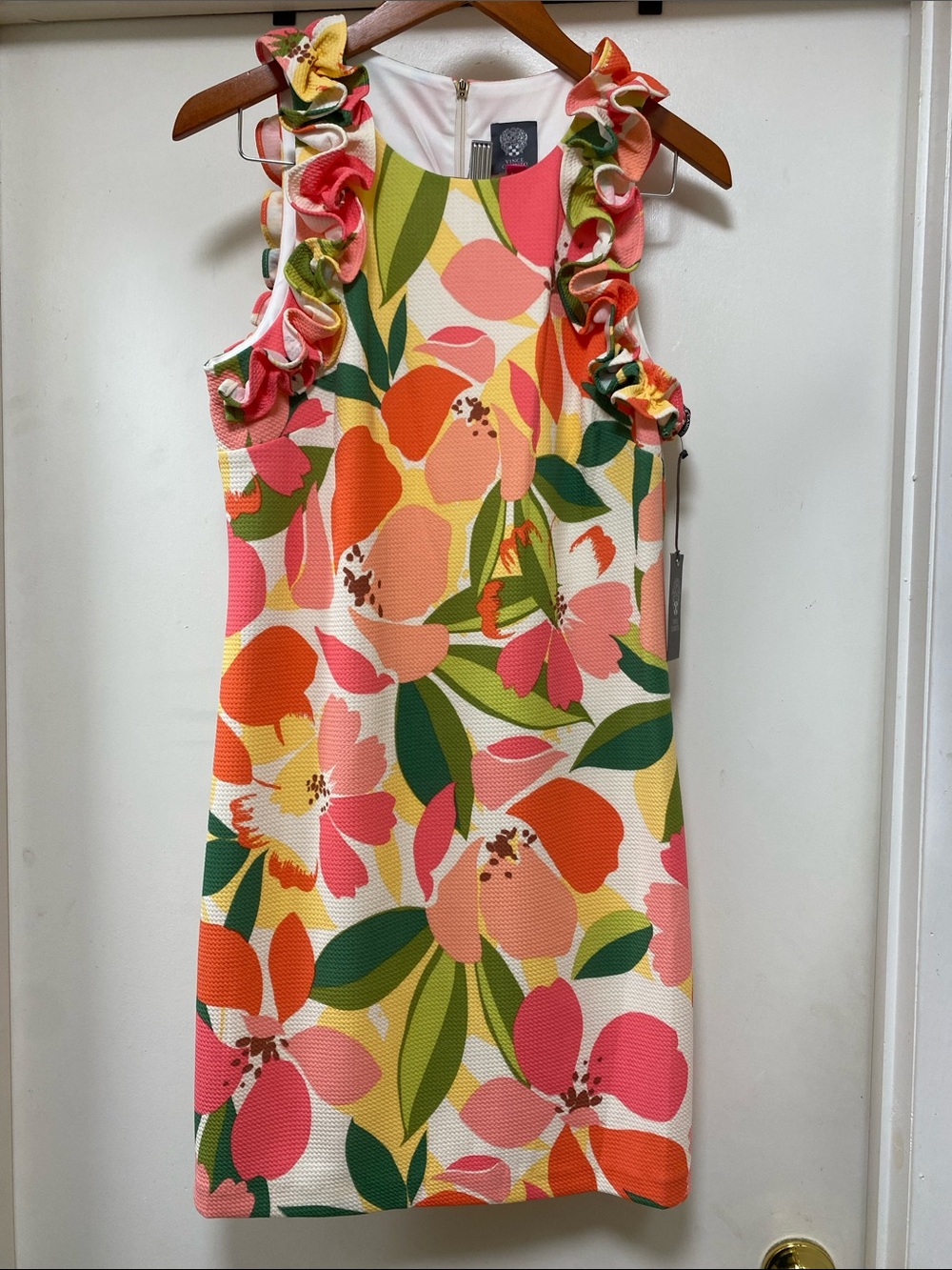 Vince Camuto Women Floral Ruffle-Trim Dress - Pink, Green & Orange